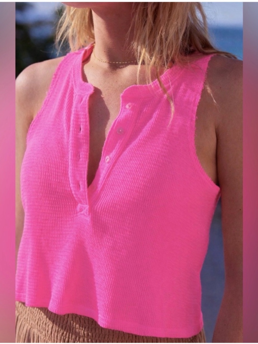 Aerie Sunspun Waffle Cropped Tank Top Hot Pink medium